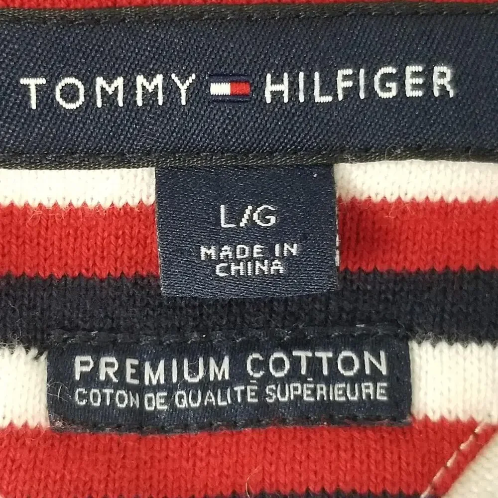 Tommy Hilfiger Sweater Mens Large White Navy‎ Red Striped Crewneck Cotton Knit